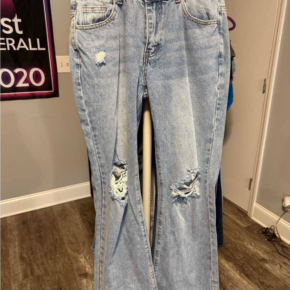 SHEIN Blue Flare Wide Leg Jeans Distressed